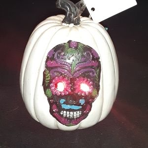 Light up White pumpkin w/ black Sugar Skull NWT